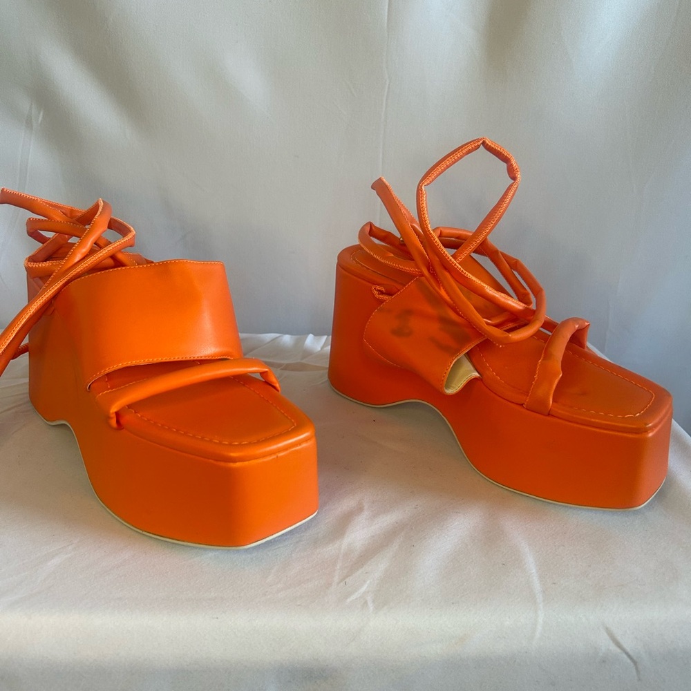 Vibrant Orange Platform Shoes with Strappy Design